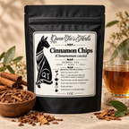 Premium Cinnamon Chips in black resealable pouch with natural cinnamon bark pieces in wooden bowl beside clear glass cup of brewed tea