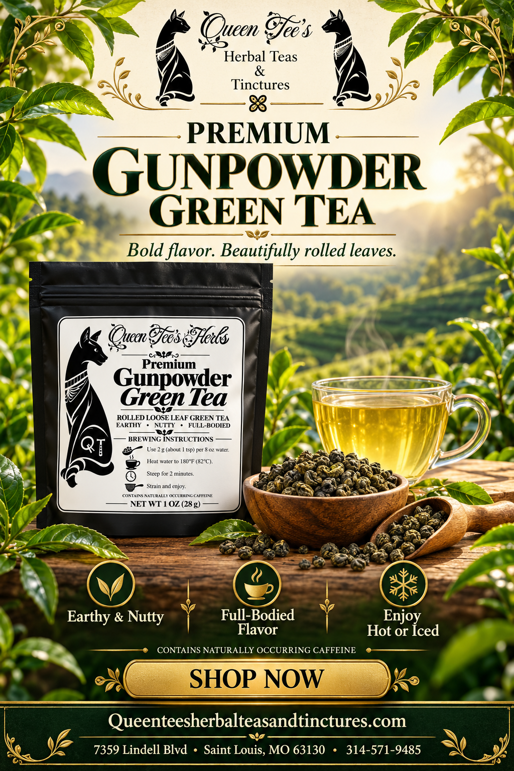 Premium Gunpowder Green Tea in a black resealable pouch, with a bowl of tightly rolled green leaves and a cup of tea