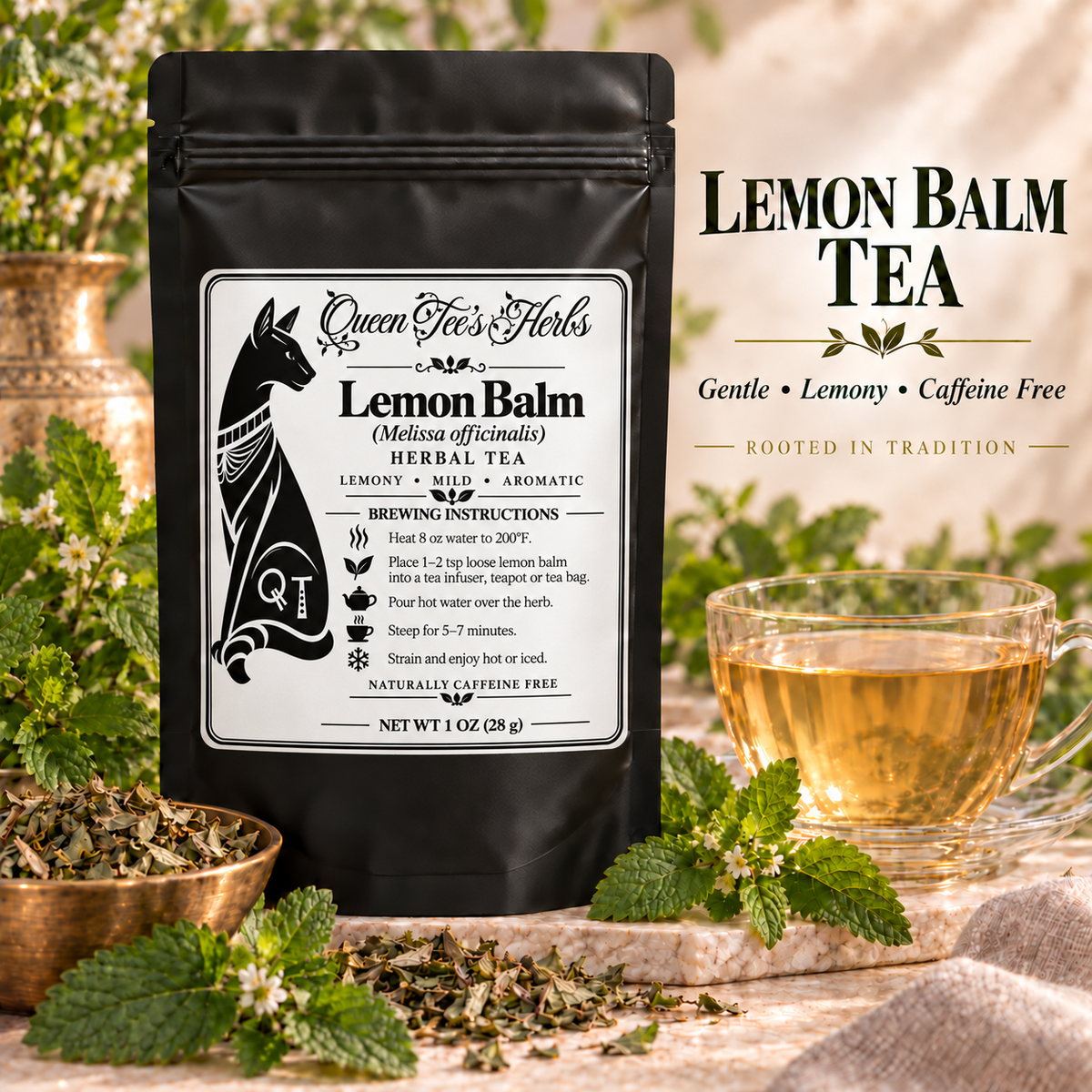 Queen Tee’s Premium Lemon Balm Tea loose leaves and brewed cup