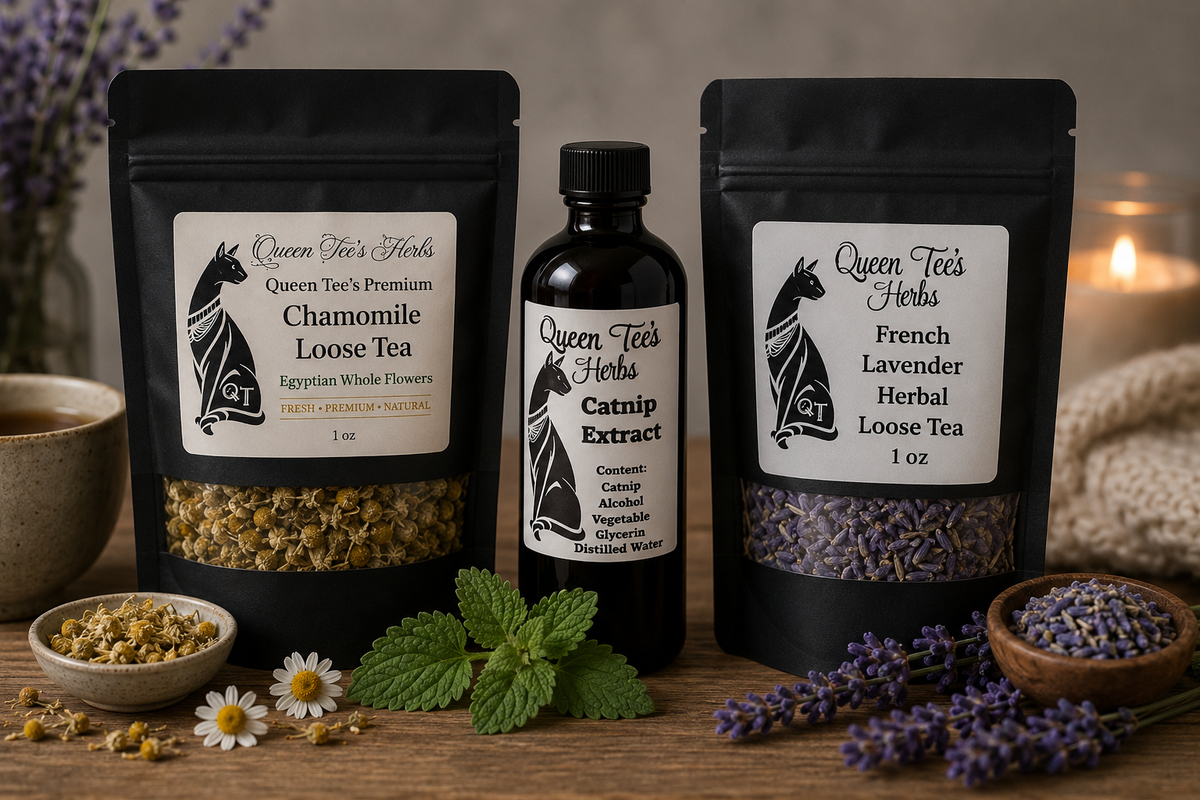 Queen Tee’s Sleepy Time Bundle featuring chamomile loose tea, catnip extract tincture, and French lavender herbal loose tea in black packaging with natural botanicals.