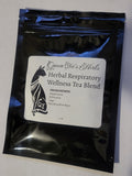 Loose herbal tea blend in a jar labeled Queen Tee's Premium Respiratory Wellness Tea, featuring dried herbs and natural ingredients.