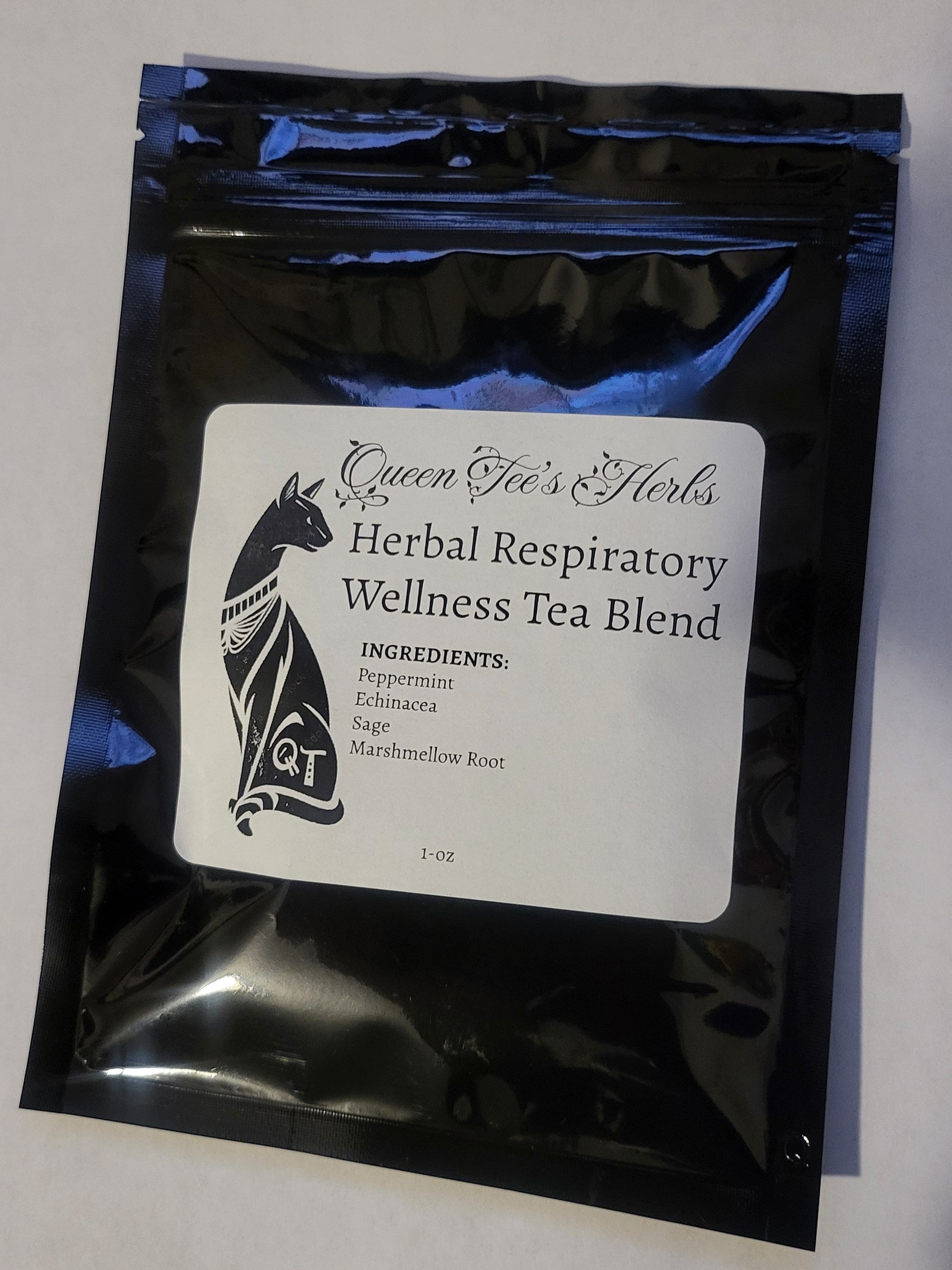 Loose herbal tea blend in a jar labeled Queen Tee's Premium Respiratory Wellness Tea, featuring dried herbs and natural ingredients.