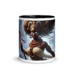 African Oya Orisha mug with black interior, 11 oz white ceramic accessory featuring vibrant Orisha design for herbal tea or display.