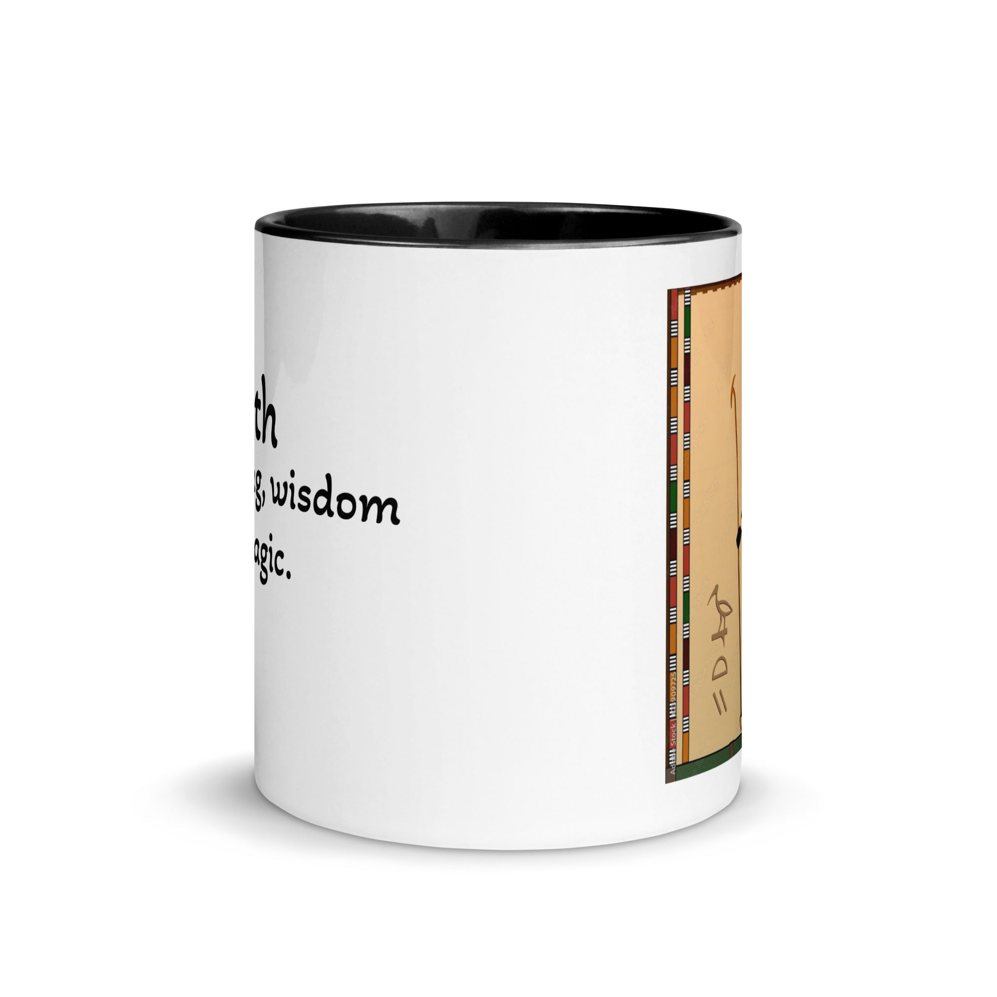 White ceramic THOTH mug with black interior, 11 oz, made to order, from Queen Tee's Herbal Teas and Tinctures.