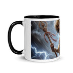 African Oya Orisha mug with black interior, white ceramic accessory featuring vibrant design, 11 oz capacity.