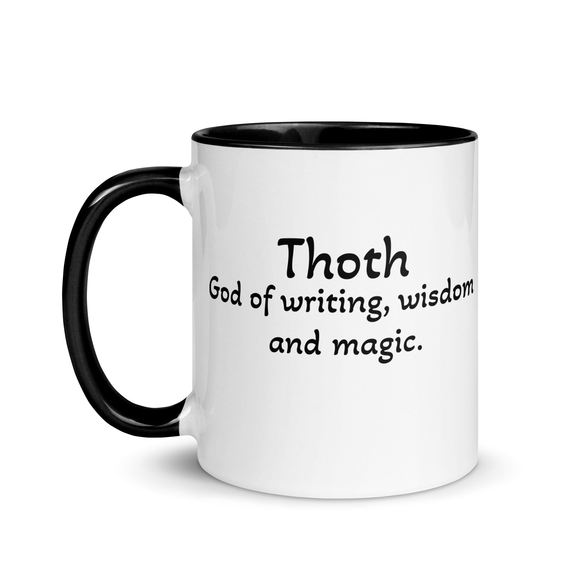 White ceramic THOTH mug with black interior, 11 oz, made to order, featuring the Queen Tee's Herbal Teas and Tinctures brand.
