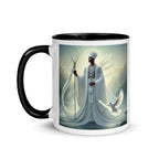 White ceramic Obatala mug with black interior, 11 oz, featuring Orisha God design, by Queen Tee's Herbal Teas and Tinctures.