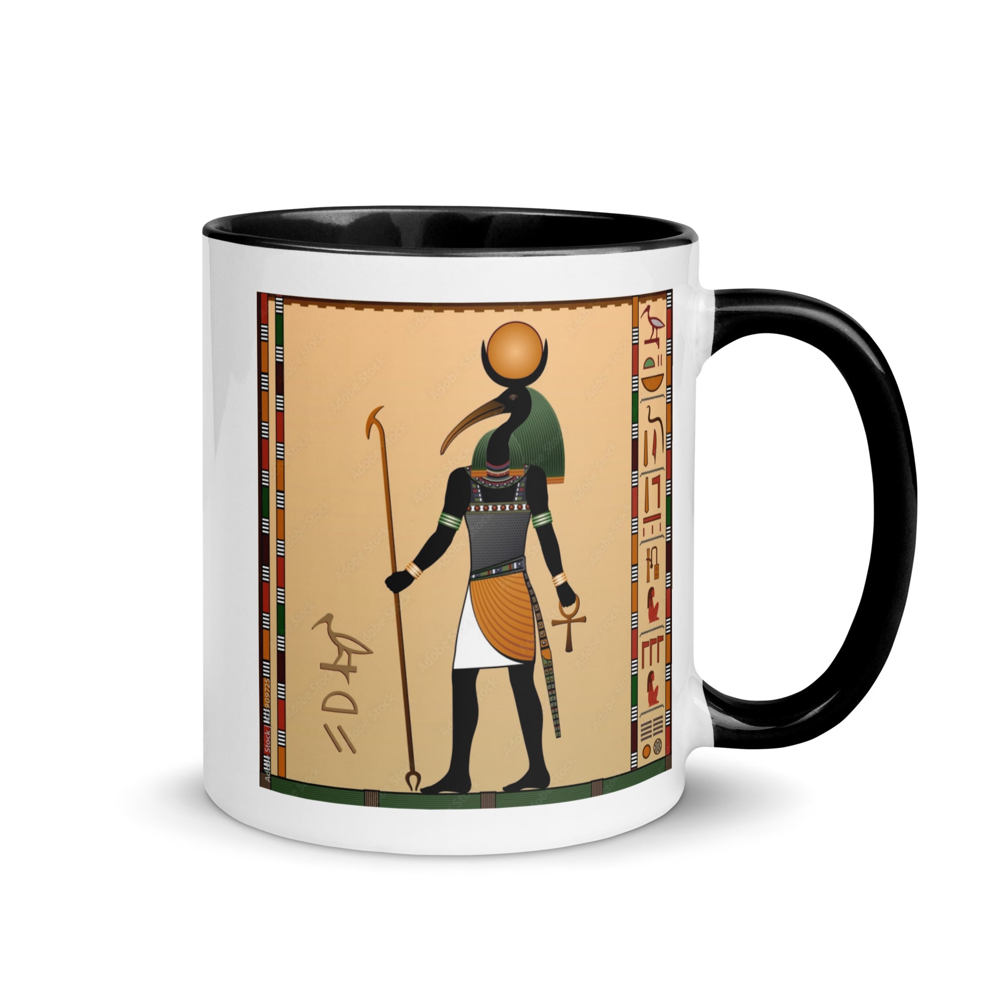 White ceramic THOTH mug with black interior, 11 oz, made to order, featuring a simple, modern design by Queen Tee's Herbal Teas.