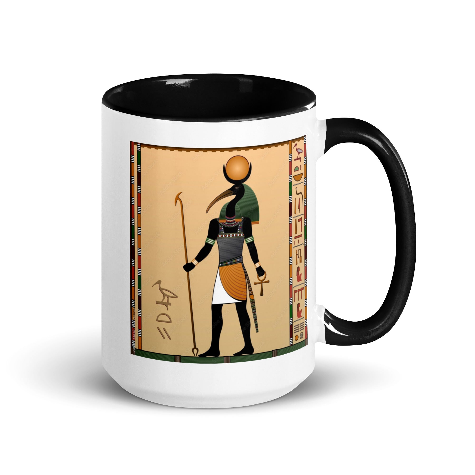 White ceramic THOTH mug with black interior, 15 oz, made to order, by Queen Tee's Herbal Teas and Tinctures.
