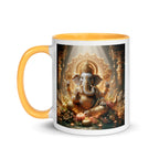 White ceramic Ganesha mug with yellow interior, 11 oz, featuring intricate Ganesha design, ideal for herbal tea accessories.
