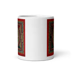 White glossy Sri Yantra Mandala mug, 11 oz, front view, featuring intricate geometric design, perfect for herbal tea accessories.
