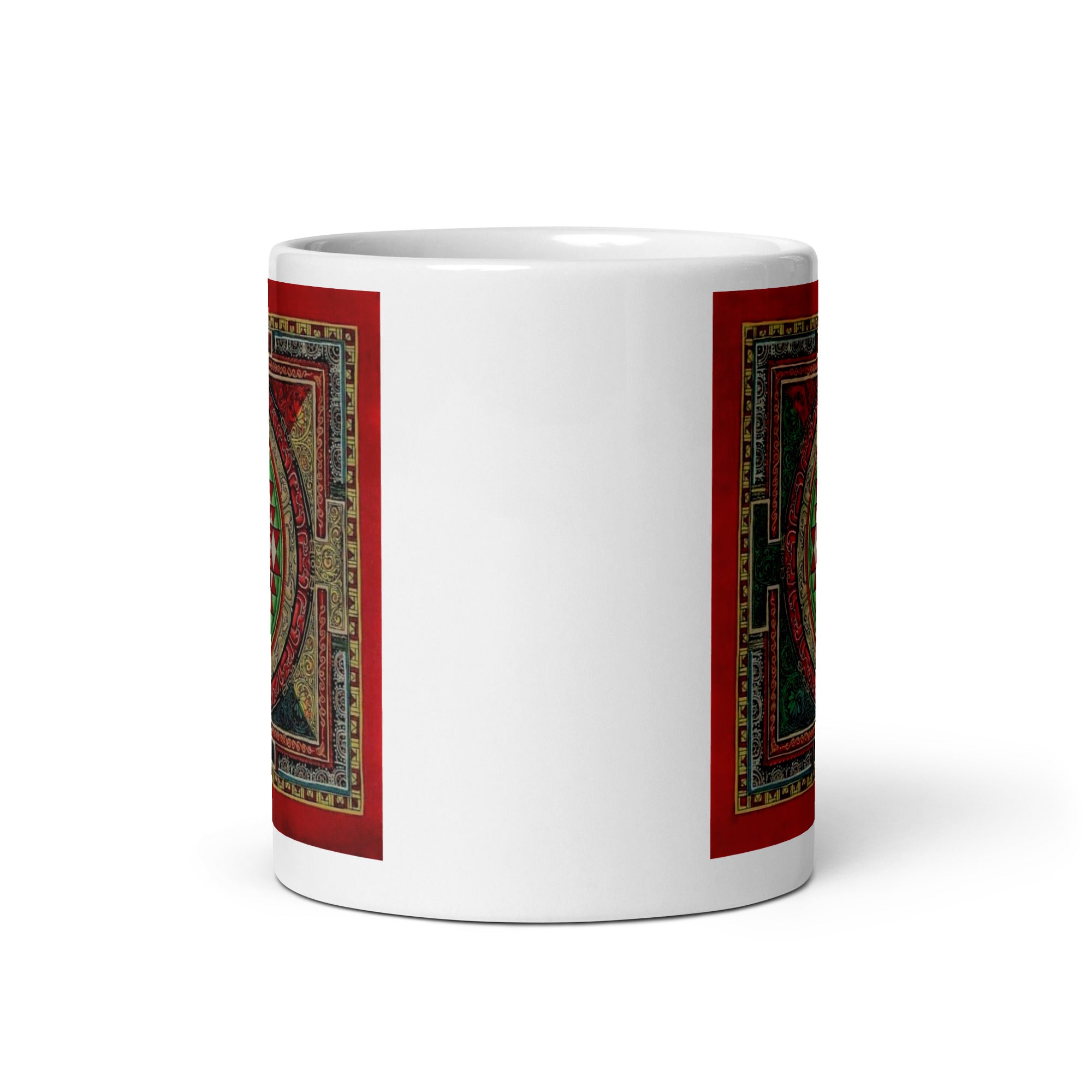 White glossy Sri Yantra Mandala mug, 11 oz, front view, featuring intricate geometric design, perfect for herbal tea accessories.