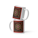 White glossy mug featuring Sri Yantra Mandala design, 11 oz size, from Queen Tee's Herbal Teas and Tinctures.