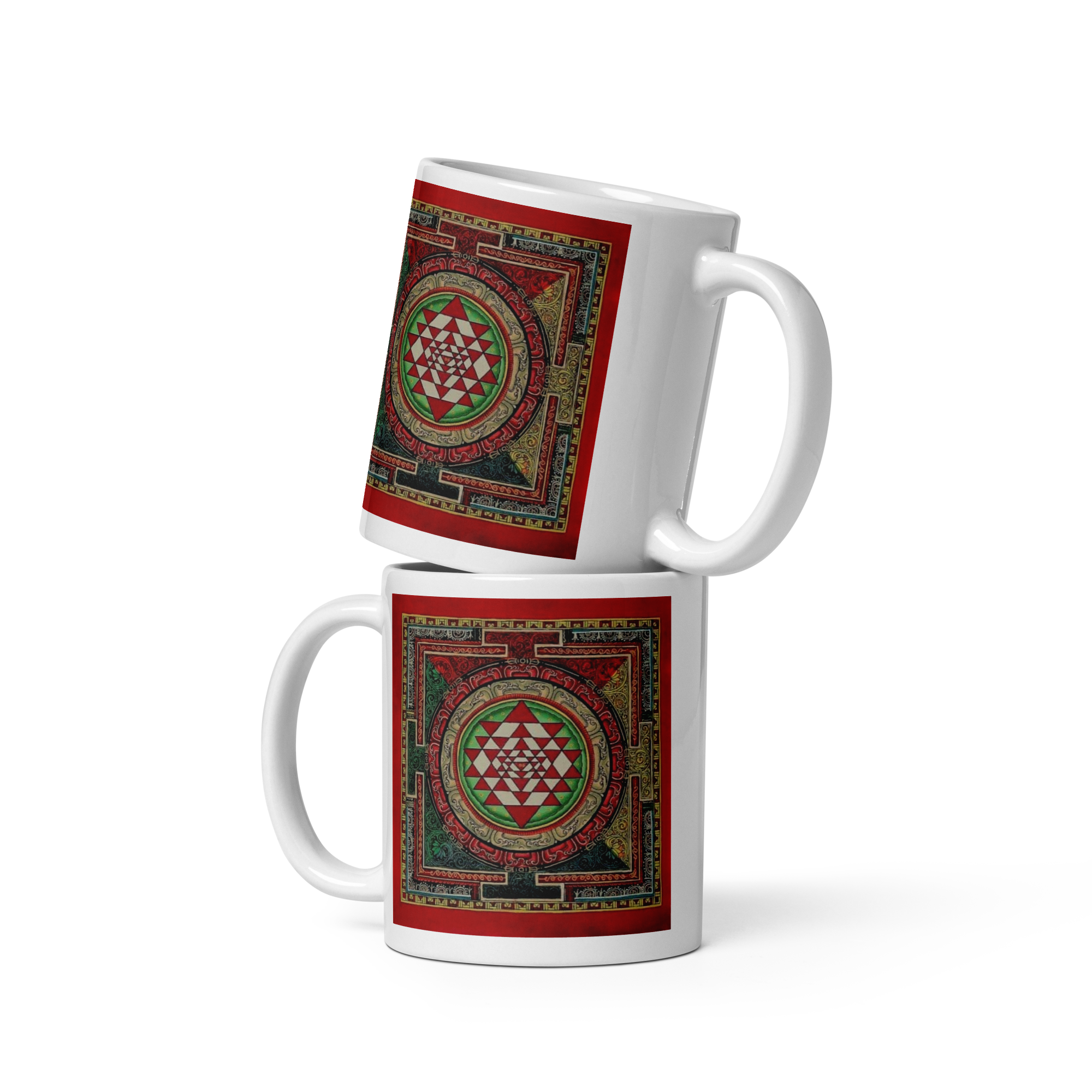 White glossy mug featuring Sri Yantra Mandala design, 11 oz size, from Queen Tee's Herbal Teas and Tinctures.