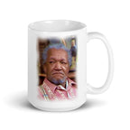 White 15 oz Fred Sanford mug with handle on the right, glossy finish, made to order, from Queen Tee's Herbal Teas and Tinctures.