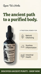 Queen Tee's Premium Wormwood Herbal Parasite Cleanser tincture bottle with herbal ingredients and label display.